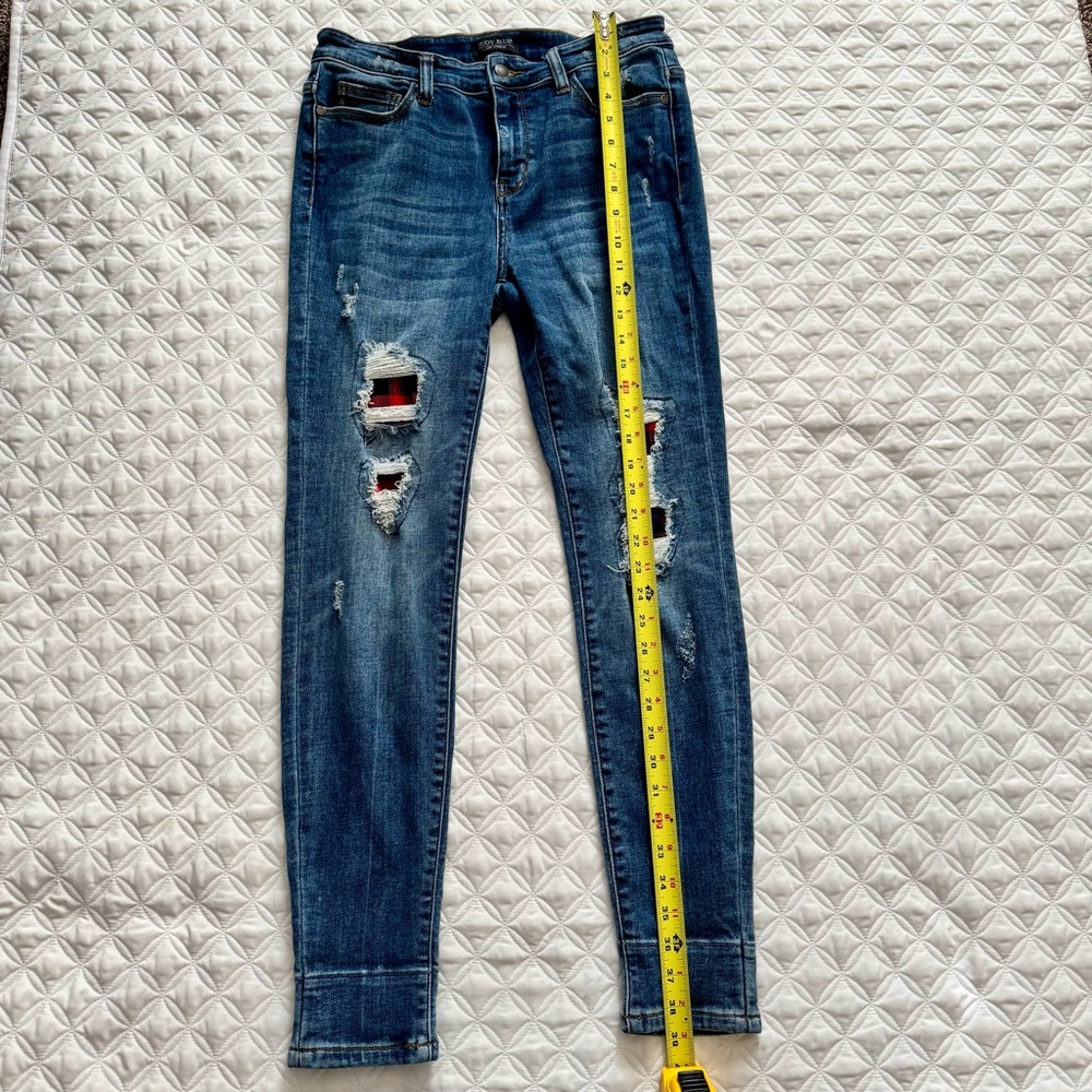 Judy Blue Distressed Skinny Red Buffalo Plaid Denim Blue Jeans Size 9/29 - Picture 3 of 15
